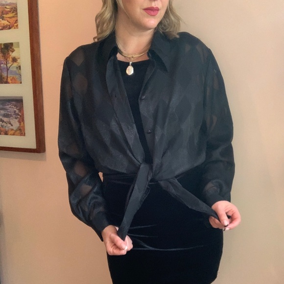 Vintage 'The Work Connection' Black Sheer Diamond Pattern Button Up Blouse - Picture 7 of 10
